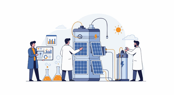 Scientists in lab coats experiment with solar energy technology and analyze data