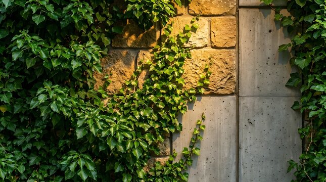Green ivy vines covering rough stone and smooth concrete wall natural textured background biophilic design