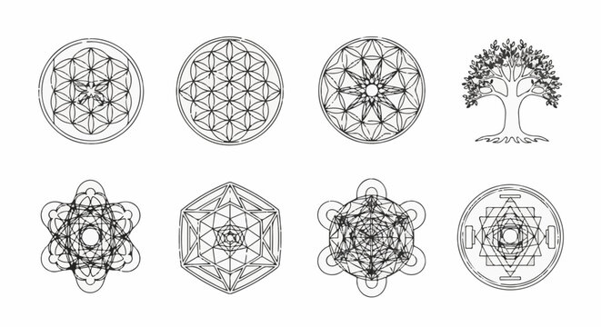 Set of sacred geometry symbols including the Flower of Life, Tree of Life, and geometric shapes