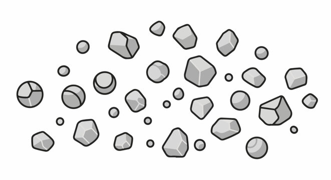 Gray geometric shapes, scattered and varied, against white
