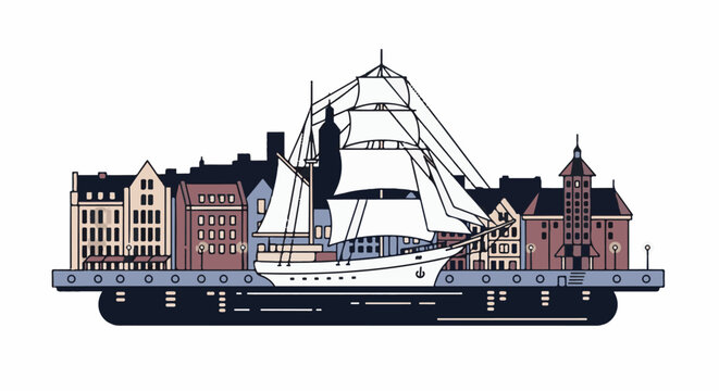 A white-sailed ship docks at a picturesque harbor with historic buildings