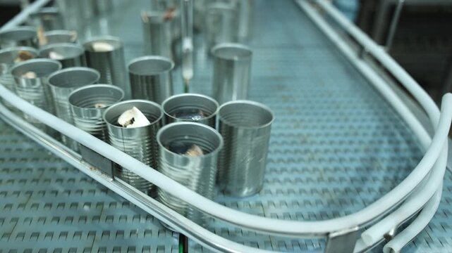 Close-up, automated conveyor belt machine with sardine fish filling in can, preparing for nourishment food production industry, chilled and sterile hygiene warehouse, manufacturing factory process.
