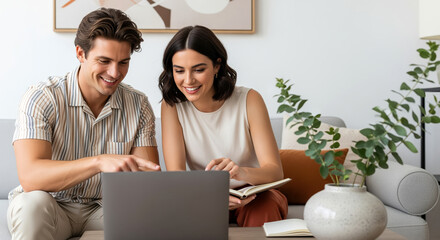 Plakat Couple planning household budget before buying a home, comparing loan paperwork, saving targets and family finance choices together during an online consultation in a relaxed apartment setting