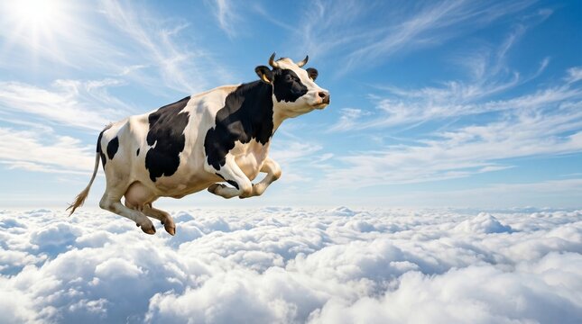 A black and white cow flying through the air above clouds