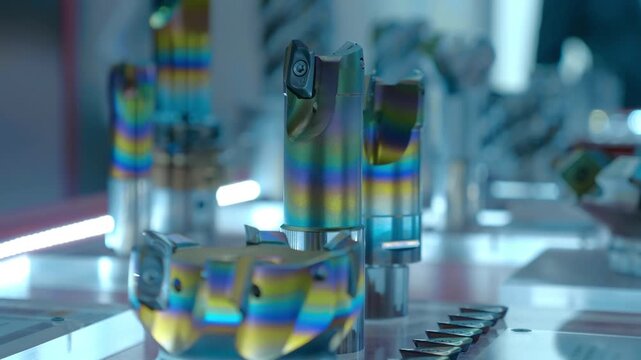A range of new, shiny cutters for milling machines, of various shapes and purposes, are presented at the exhibition. Closeup. Shot in motion