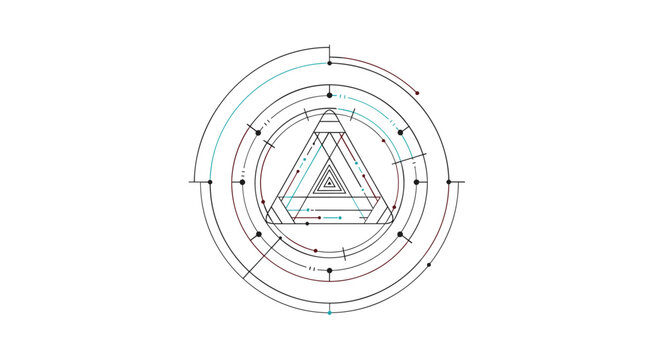Intricate technical drawing of a geometric triangle nested within multiple circular lines and points for a futuristic engineering look.
