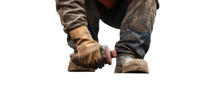 Manual laborer wearing rugged work boots and leather gloves uses a hand tool on a construction project.