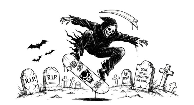 Grim Reaper on skateboard in air.