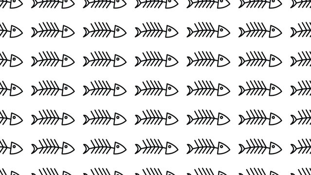 Seamless pattern of fish bone. Horizontal pattern. Black and white flat illustration. Seamless pattern of fish bones skeleton. Fish bone motif silhouette vector illustration on a white background