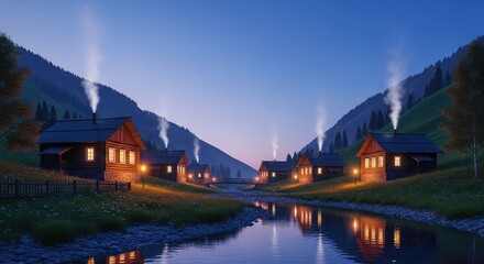 Fototapeta premium Charming wooden houses with smoke rising from chimneys are nestled between rolling green hills and a gentle, clear river at twilight, environment, mist, morning