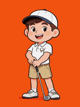 Cute Cartoon Little Boy Playing Golf Outdoors
