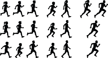 Fototapeta premium Running People Silhouette Collection Featuring Male Female and Child Jogging Sprinting and Walking Poses