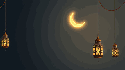 Gleaming crescent moon and traditional lanterns illuminating a peaceful night sky, perfect for festive cultural celebrations © Mignonette Desire