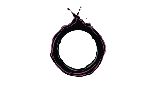 Abstract circular ink or wine stain in a deep purple color with organic splashes and drips for elegant and creative design projects.