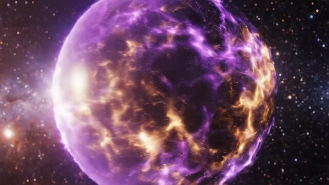 A celestial sphere featuring swirling purple and orange energy patterns floating in a deep space environment filled with stars, cosmic dust, and bright lens flares.