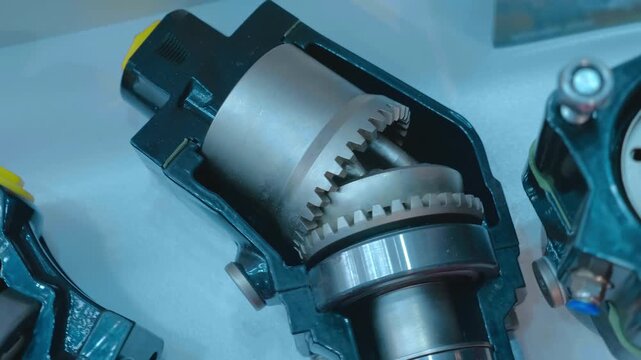 A mechanism with bearings and gear cylinders for changing the direction of the rotating shaft by 45 degrees. Closeup. Shot in motion