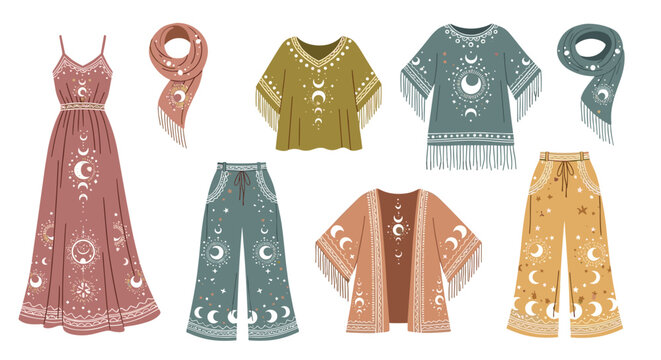 A set of bohemian style clothing including a maxi dress wide-leg trousers and a poncho with celestial moon patterns arranged on a plain white background in bright studio light.