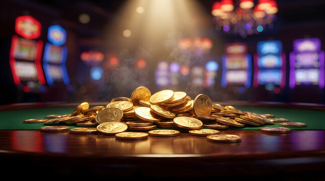 Pile of golden coins on a casino table with blurred lights and a spotlight for jackpot concepts
