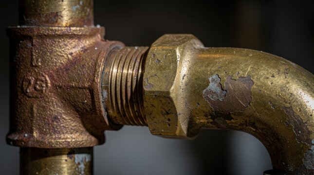 A close-up of a corroded brass pipe T-joint. The weathered metal shows rust and texture, highlighting old plumbing and industrial decay.
