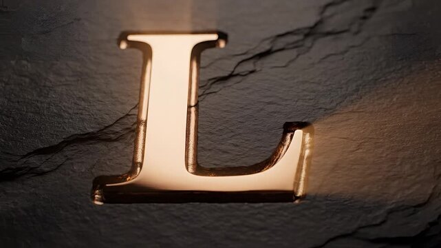 Golden Letter L Illuminated on Dark Textured Background.