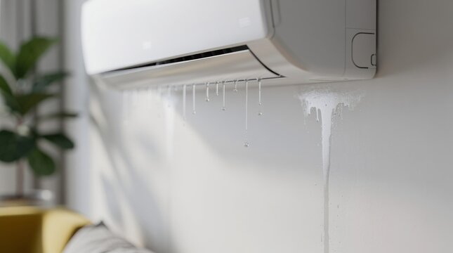 A broken white air conditioner unit is leaking water. Droplets are dripping down the wall, indicating a malfunction and need for repair.