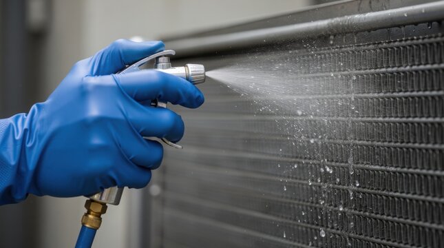 A person wearing a blue protective glove uses a spray gun to clean a metal radiator or condenser coil with a fine mist of liquid.
