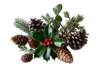 Fototapeta premium Christmas Holly and Pine Cones Arrangement