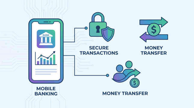 Secure mobile banking transaction infographic showing encrypted money transfer network from smartphone application