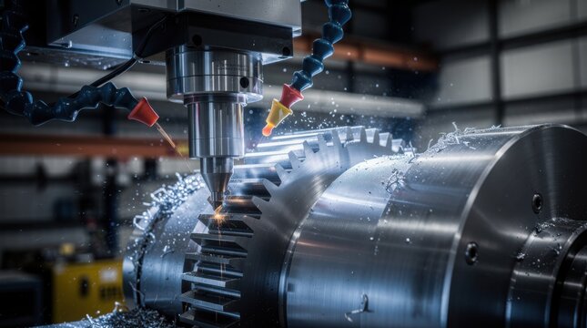 A CNC milling machine precisely cuts teeth into a large metal gear, sending sparks and metal shavings flying in a high-tech industrial workshop.
