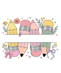 Pastel pencil split frame for teacher appreciation, back to school stationery border with floral elements, cute school supplies frame for custom text © Dreamy Art