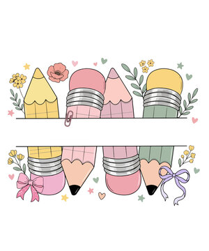 Pastel pencil split frame for teacher appreciation, back to school stationery border with floral elements, cute school supplies frame for custom text
