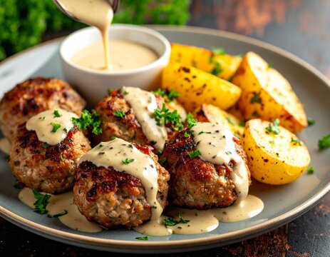 Frikadeller pork meatballs with roasted potatoes, drizzled with creamy gravy, elegantly plated on ceramic plate, crispy surface and juicy interior emphasized.