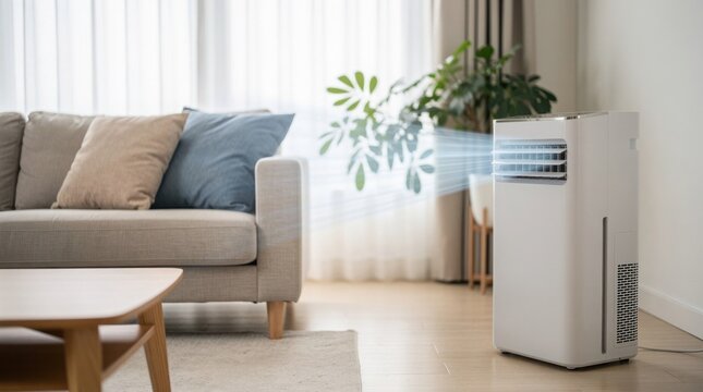 A portable air conditioner cools a modern living room. Visualized airflow shows the unit creating a comfortable and fresh atmosphere.