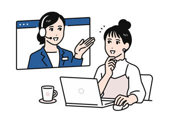 Plakat pcでオンライン相談をするまとめ髪の若い女性のシンプルなベクターイラスト素材
