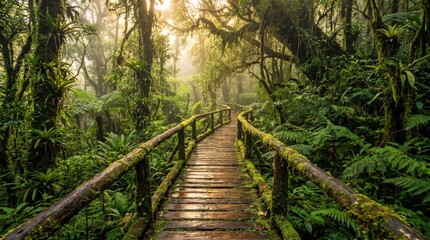 Obraz premium Wooden Boardwalk Path Through Lush Green Tropical Rainforest with Sunbeams.