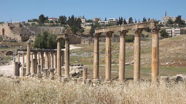 Ancient Roman ruins in Jerash showcase history and architecture under a clear sky