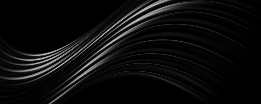 Abstract elegant flowing silver waves on black background