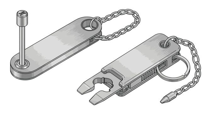 Detailed isometric view of two multifunctional metal keychains features hidden retractable mechanisms and utility tools for everyday carry in a studio environment.