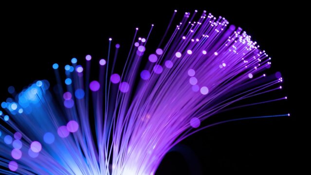 Fiber optic strands glowing in purple and blue