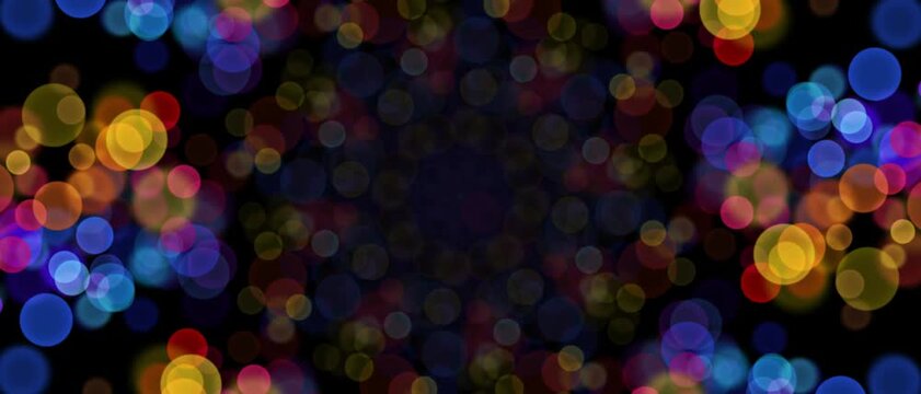 Dark abstract bokeh lights background loop, soft colorful glowing particles animation