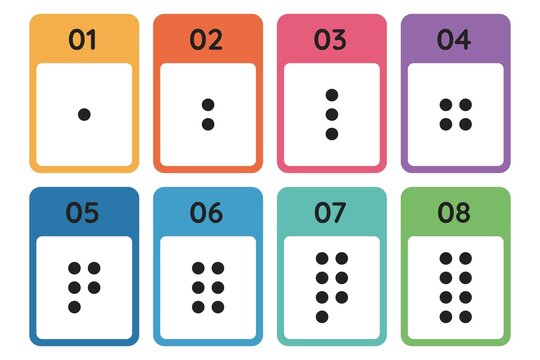 Set of eight numbered dice face icons with colored backgrounds for game design