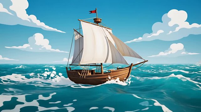 Majestic Sailing Ship Navigates Through Wavy Ocean Under Blue Sky.