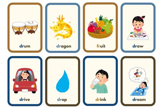 Eight illustrated flashcards showing verbs with colorful hand-drawn objects and characters
