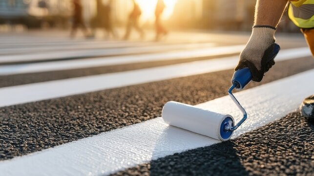 Close-up of worker painting white stripes on asphalt road using paint roller in bright sunlight at pedestrian crosswalk for street safety maintenance