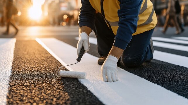 Worker painting white line on asphalt road with roller brush wearing protective gloves and blue yellow jacket in urban street setting during sunset light
