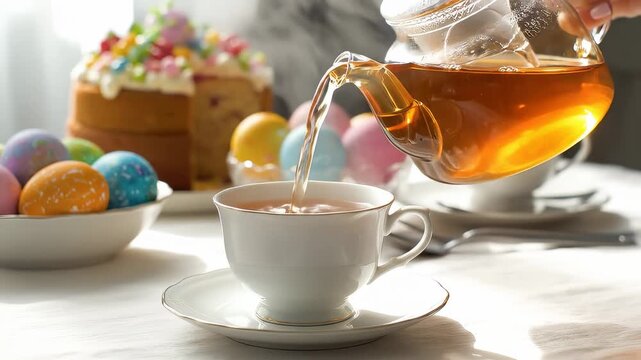 Person pours hot tea into white cup on table with colorful Easter eggs and cake. Setting at home with natural light. Concept of celebration, hospitality, party planning