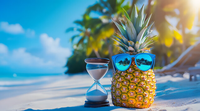 A pineapple wearing sunglasses near an hourglass on a tropical beach with palm trees on a sunny day