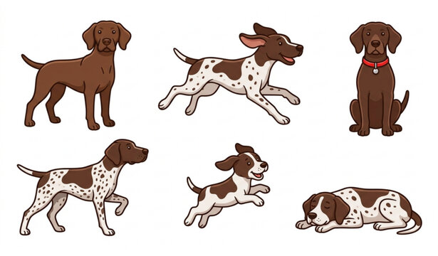 Cute shorthaired pointer dog cartoon vector set with playful sitting, running, pointing, jumping, and lying dog poses on white