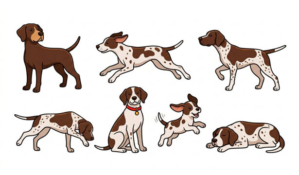 Cute shorthaired pointer dog cartoon vector set with playful sitting, running, pointing, jumping, and lying dog poses on white