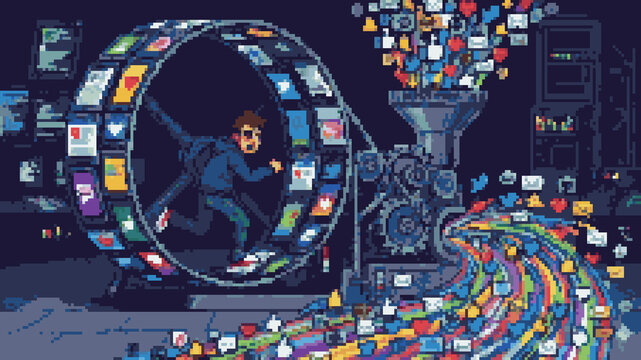 Pixel art of a man running on a large hamster wheel made of screens, powering a machine that processes social media icons